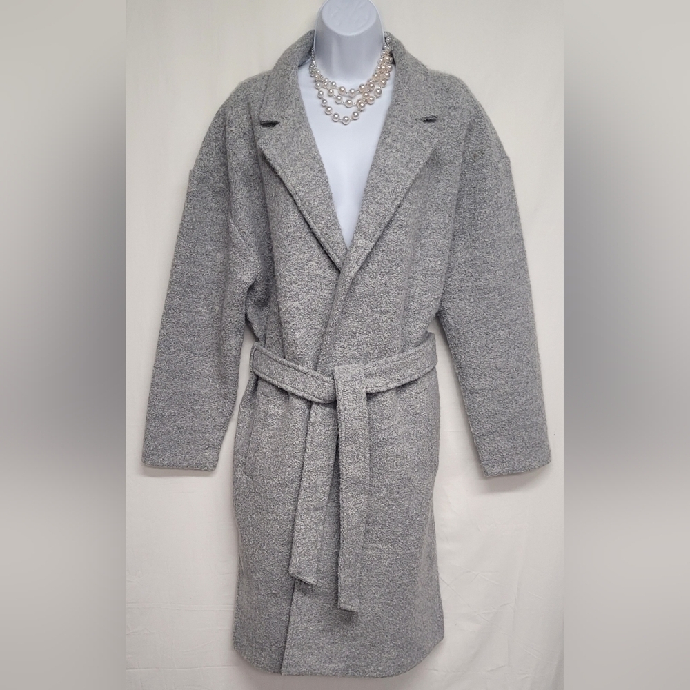 Joie XL Grey Textured Open Front Belted Winter Trench Coat Slash Pockets